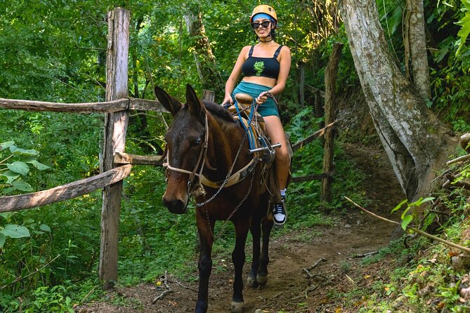 Full Zip Line Tour + Mules + Jorullo Bridge - Riding a friendly mule